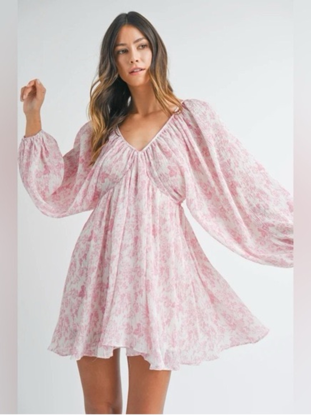 NWOT mable pink floral flowy puff long sleeve summer spring dress